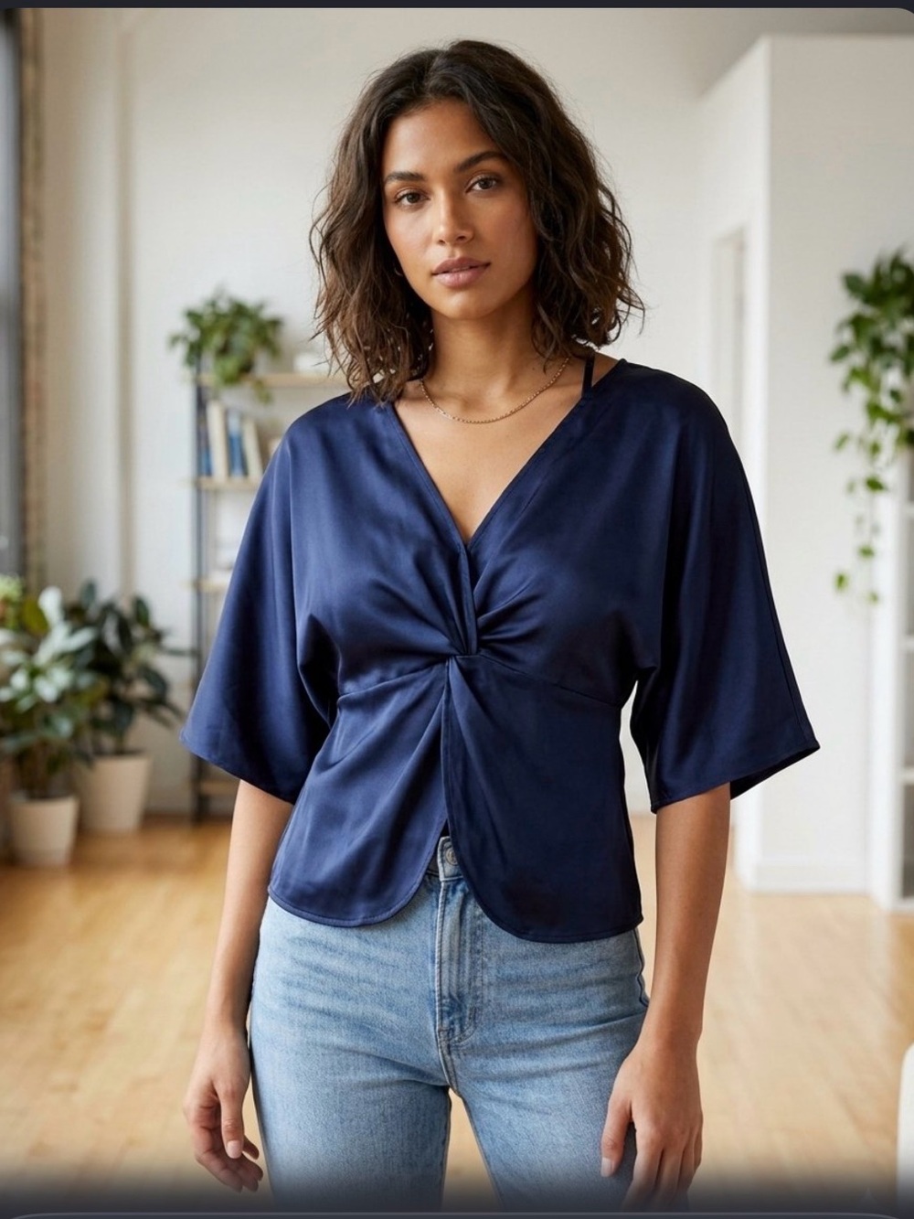 Pleione Navy Twist-Front V-Neck Blouse